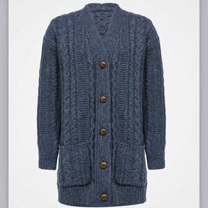Celtic & Co 100% merino wool cable boyfriend cardigan small heathered navy blue
